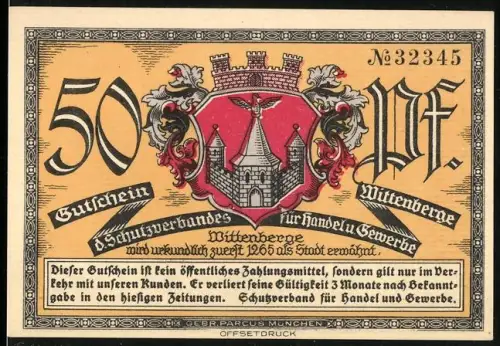 Notgeld Wittenberge, 50 Pf, Stadtwappen und alter Turm