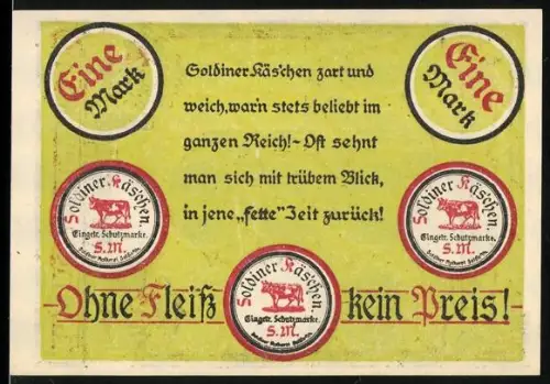 Notgeld Soldin 1921, 1 Mark, Kirche und Spruch Ohne Fleiss kein Preis