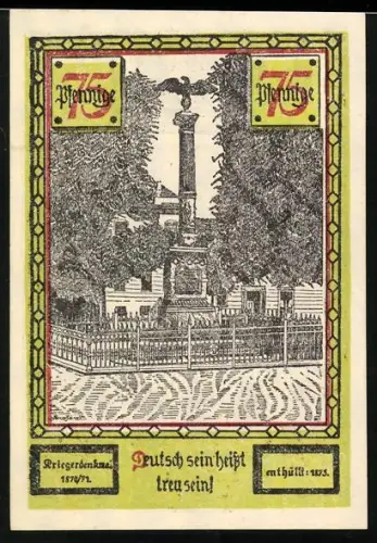 Notgeld Soldin 1921, 75 Pfennig, Kriegerdenkmal und Stadttor mit Stadtwappen