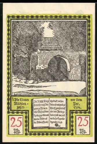 Notgeld Soldin 1921, 25 Pfennig, Stadttor und Kirche im Landschaftsmotiv
