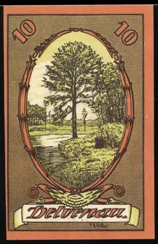 Notgeld Koberg, 10 Pf., Landschaft mit Baum und Fluss
