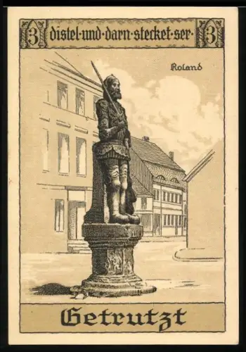 Notgeld Perleberg 1921, 50 Pf., Rolandstatue und Geldbörse mit Münzen