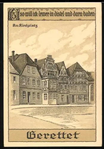 Notgeld Perleberg 1921, 50 Pfennig, historische Gebäude und Geldbörse mit Münzen