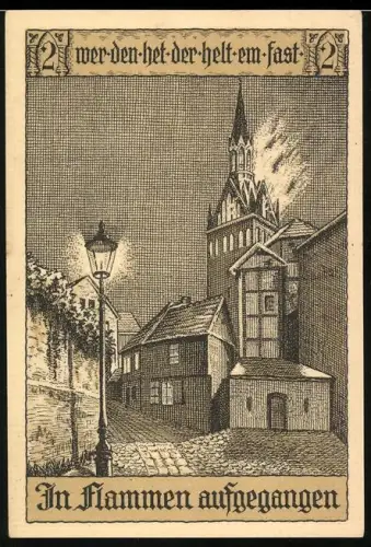 Notgeld Perleberg 1921, 50 Pf., brennende Kirche und Geldbeutel mit Münzen im Stadtwappen