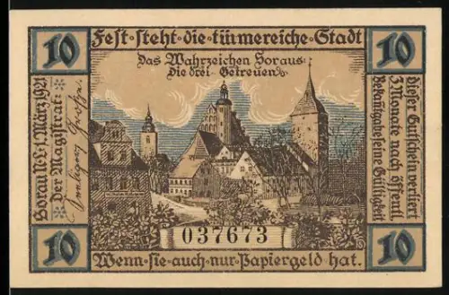 Notgeld Sorau /N.L. 1921, 10 Pfennig, Ortsansicht und Wappen mit Hirsch und Hund