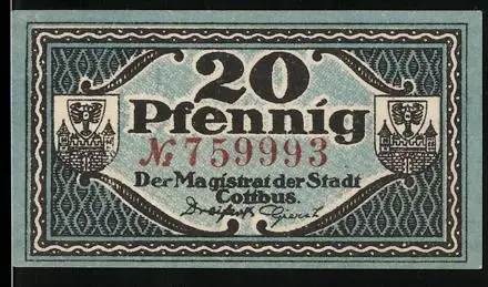 Notgeld Cottbus 1921, 20 Pfennig, mit Stadtwappen und ornamentaler Verzierung