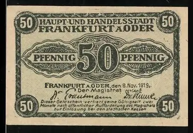 Notgeld Frankfurt a. Oder 1919, 50 Pfennig, Stadtwappen und Henne-Motiv