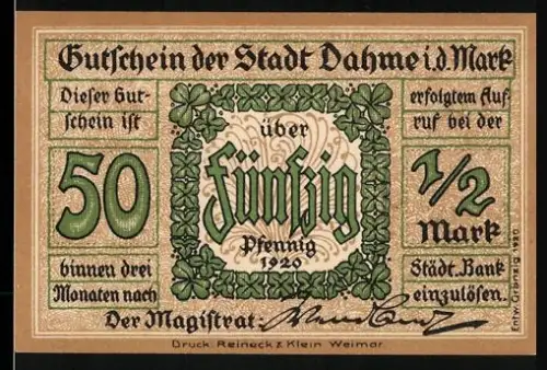 Notgeld Dahme i.d. Mark 1920, 50 Pfennig, Stadtschloss-Abbildung
