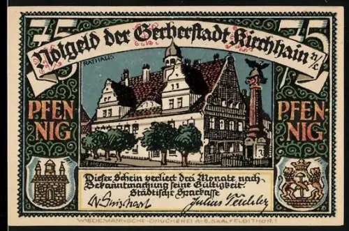 Notgeld Kirchhain /N.L., 75 Pfennig, Rathaus und Gerber in Werkstatt
