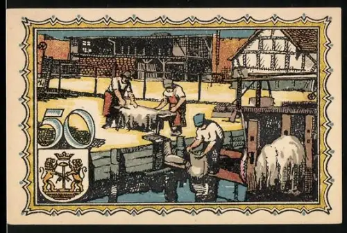 Notgeld Kirchhain /N.L., 50 Pfennig, Gerber beim Arbeiten und Kirche mit Türmen