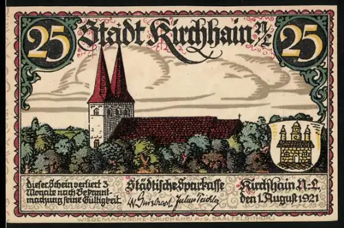 Notgeld Kirchhain /N.L. 1921, 25 Pfennig, Kirche und Arbeiter beim Strassenbau mit Wappen