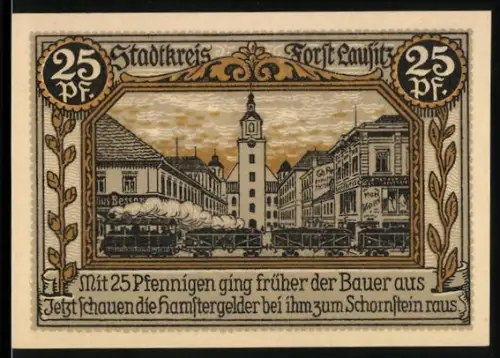 Notgeld Forst i. L. 1921, 25 Pf, Ortsansicht mit Turm und Wappen mit Hirschgeweih