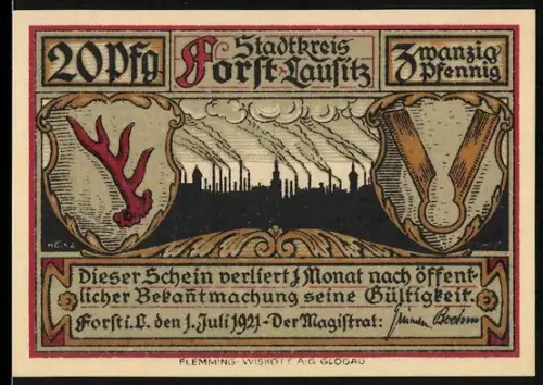 Notgeld Forst i. L. 1921, 20 Pfennig, Stadtwappen und Webstuhl-Motiv
