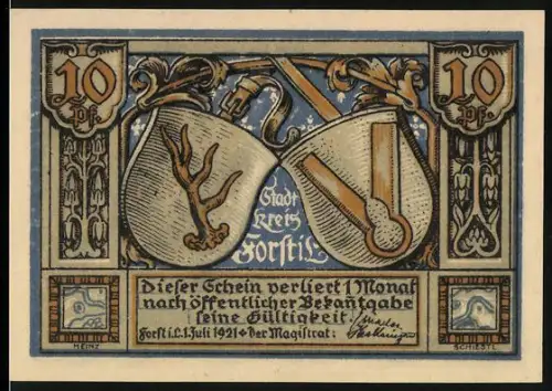 Notgeld Forst i. L. 1921, 10 Pfennig, Wappenschilde und Webschule Illustration