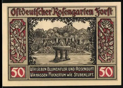 Notgeld Forst i. Lausitz 1921, 50 Pfennig, Rosengarten mit Wappen und Rosenmotiven
