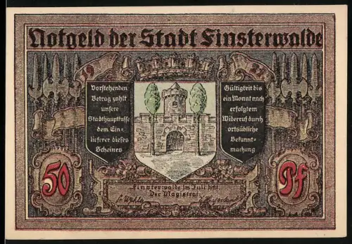 Notgeld Finsterwalde 1921, 50 Pf, Burgtor und historische Versammlungsszene