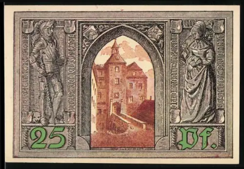 Notgeld Finsterwalde 1921, 25 Pf, Ortsansicht mit Ritter und Dame, Wappen mit Turm und Bäumen