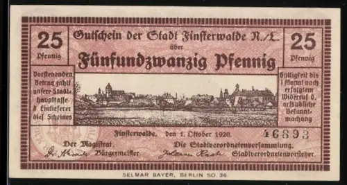 Notgeld Finsterwalde /N.L. 1920, 25 Pfennig, Ortsansicht und Rathausansicht