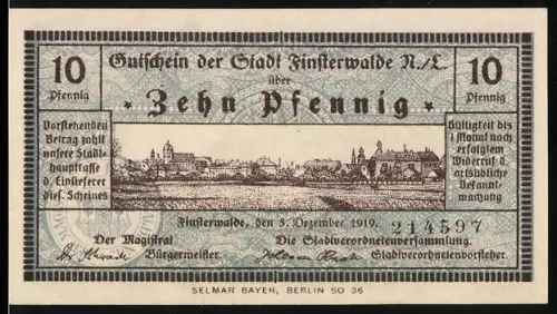 Notgeld Finsterwalde /N.L. 1919, 10 Pfennig, Ortsansicht und Gebäudeansicht