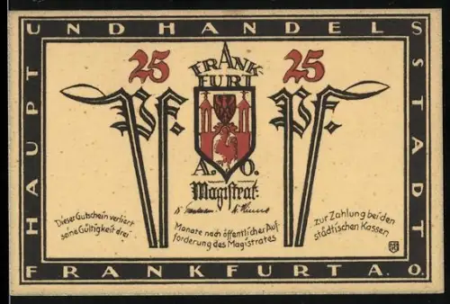 Notgeld Frankfurt a. O., 25 Pf, Wappen und Rathausillustration