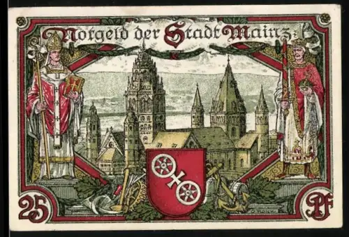 Notgeld Mainz 1921, 25 Pf, Ortsansicht und Wappen mit Heiligenfiguren