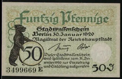 Notgeld Berlin 1920, 50 Pfennig, Bär mit Wappenschild und Ornamenten
