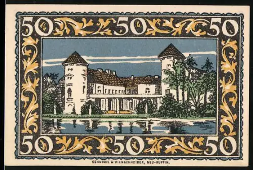 Notgeld Rheinsberg /Mark, 50 Pfennig, Schloss am Wasser und Porträt