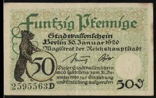 Notgeld Berlin 1920, 50 Pfennig, Bär mit Münze und Inschrift