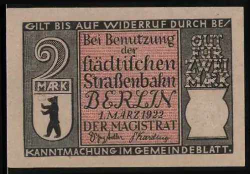 Notgeld Berlin 1922, 2 Mark, Strassenbahn mit Berliner Bär und Strassenlokomotive 1877