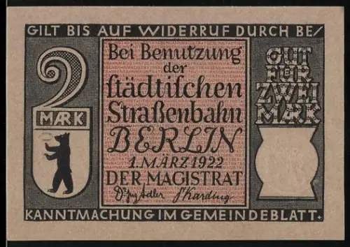 Notgeld Berlin 1922, 2 Mark, Stadtbahn-Motiv mit Bär und Strassenbahn in Charlottenburg 1882