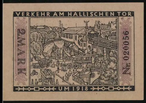 Notgeld Berlin 1922, 2 Mark, Verkehr am Halleschen Tor, Stadtwappen mit Berliner Bär