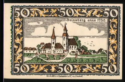 Notgeld Rheinsberg /Mark, 50 Pfennig, Ortsansicht mit Kirche und historischem Porträt
