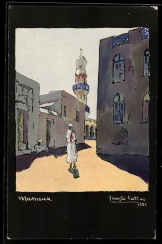 AK Massaua, Strassenszene mit Minarett