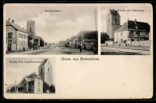 AK Battenheim, Hauptstrasse, Kirche mit Pfarrhaus, Kirche und Gemeindehaus
