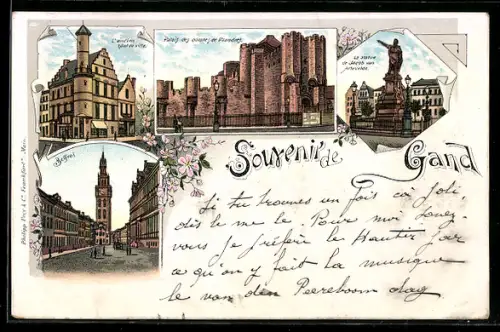 Lithographie Gand, Palais des comtes de Flandres, L`ancien Hôtel de ville, Beffroi