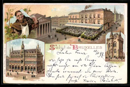 Lithographie Bruxelles, Porte de Hal, Maison du Roi, Grand Cafe de Mille Colonnes