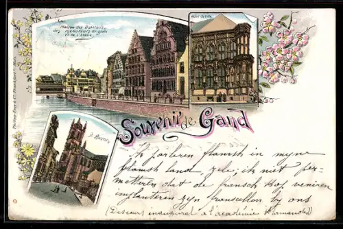 Lithographie Gand, Hôtel de Ville, Maison des Batelier`s des mesureurs de grain et de l`étane