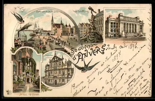 Lithographie Anvers, Nouveau Musée, Pomple Salvius Brabo, Embarcadère de Musée Steen