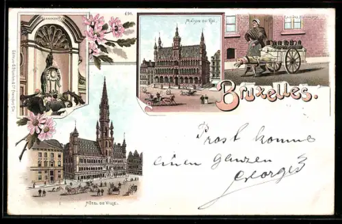 Lithographie Bruxelles, Hôtel de Ville, Maison du Roi, Manneken Pis
