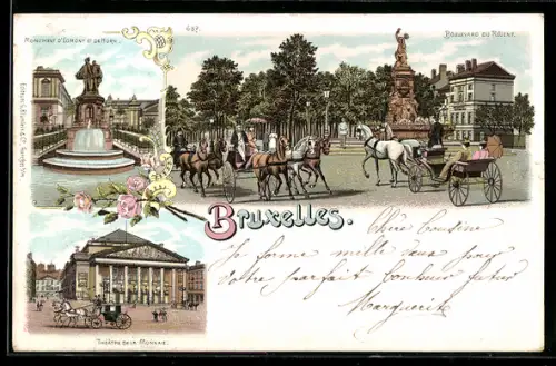 Lithographie Bruxelles, Boulevard du Régent, Théâtre de la Monnaie, Monument d`Egmont et de Horn