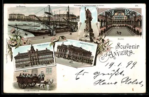 Lithographie Anvers, Les Bassins, Bourse, Théâtre Flamand, Hôtel de Ville