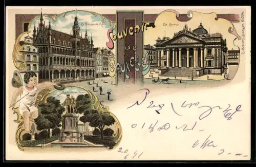 Lithographie Bruxelles, La Bourse, La Maison du Roi, Egmont et Hoorn