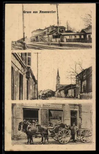 AK Amanweiler, Bahnhof, Dorfstrasse mit Kirche und Ladenfront mit Pferdewagen
