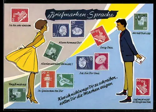 AK Verschiedene Darstellungen der Briefmarkensprache, Frau und Herr mit Brief