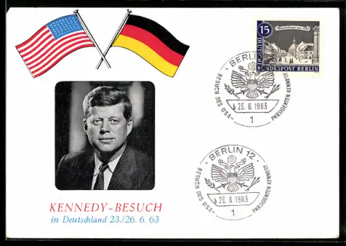 AK Portrait von John F. Kennedy mit US-amerikanischer und bundesdeutscher Flagge