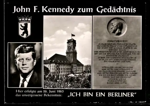AK Berlin, Präsident der USA John F. Kennedy beim Berlin-Besuch 26.6.1963 vor de Rathaus Schöneberg, Wappen