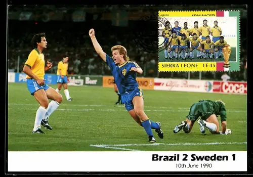 AK Fussballspiel Brasilien-Schweden bei der Weltmeisterschaft 1990, Ergebnis 2:1