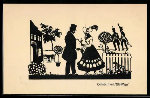 AK Schubert und Alt-Wien, Silhouette Paar beim Spaziergang, Zwei Husaren
