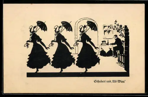 AK Schubert und Alt-Wien, Drei Damen mit Hauben und Sonnenschirmen