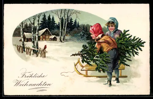 AK Kinder mit Schlitten und Tannenbaum nähern sich dem Gehöft